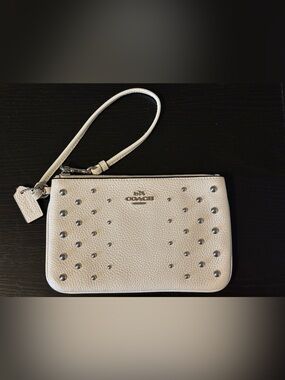 Coach Ivory Pebbled Leather Studded Wristlet Clutch